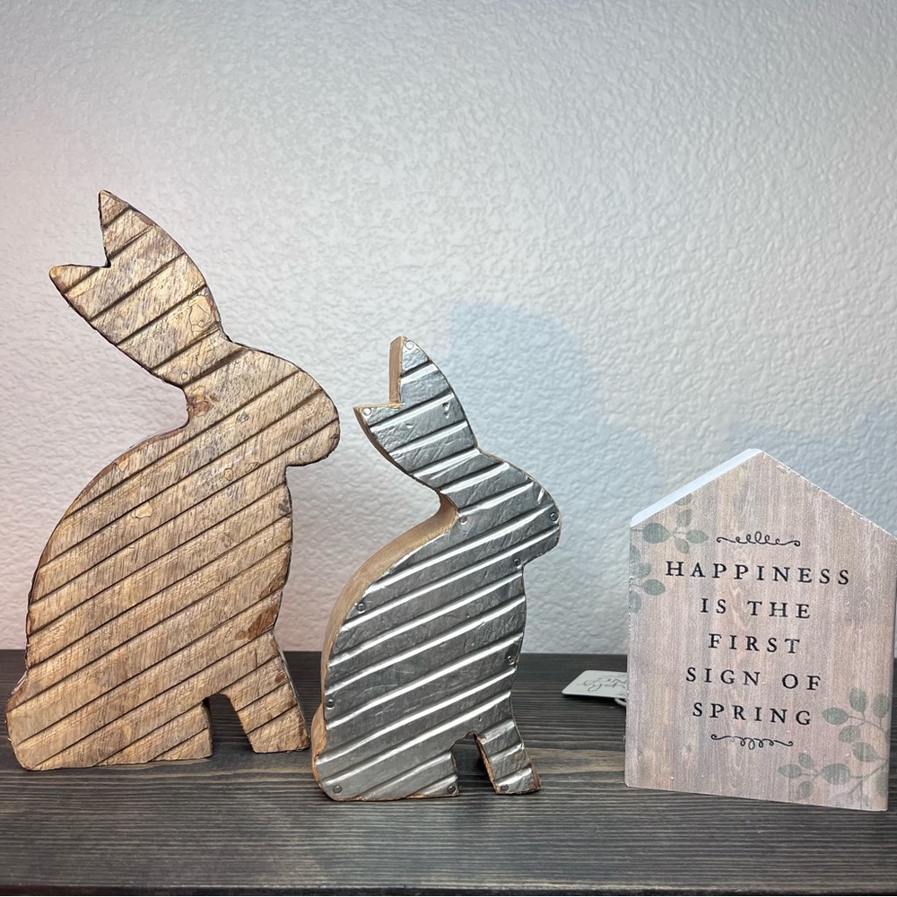 Rustic Wood & Metal Rabbit Figurines Spring Sign Easter Farmhouse TierTray Decor